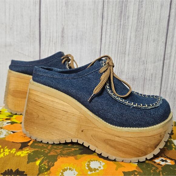 VTG Y2K Chunky Foam Wedge Denim Slip On Platforms, NATURE BREEZE - sz 6 - Picture 1 of 7